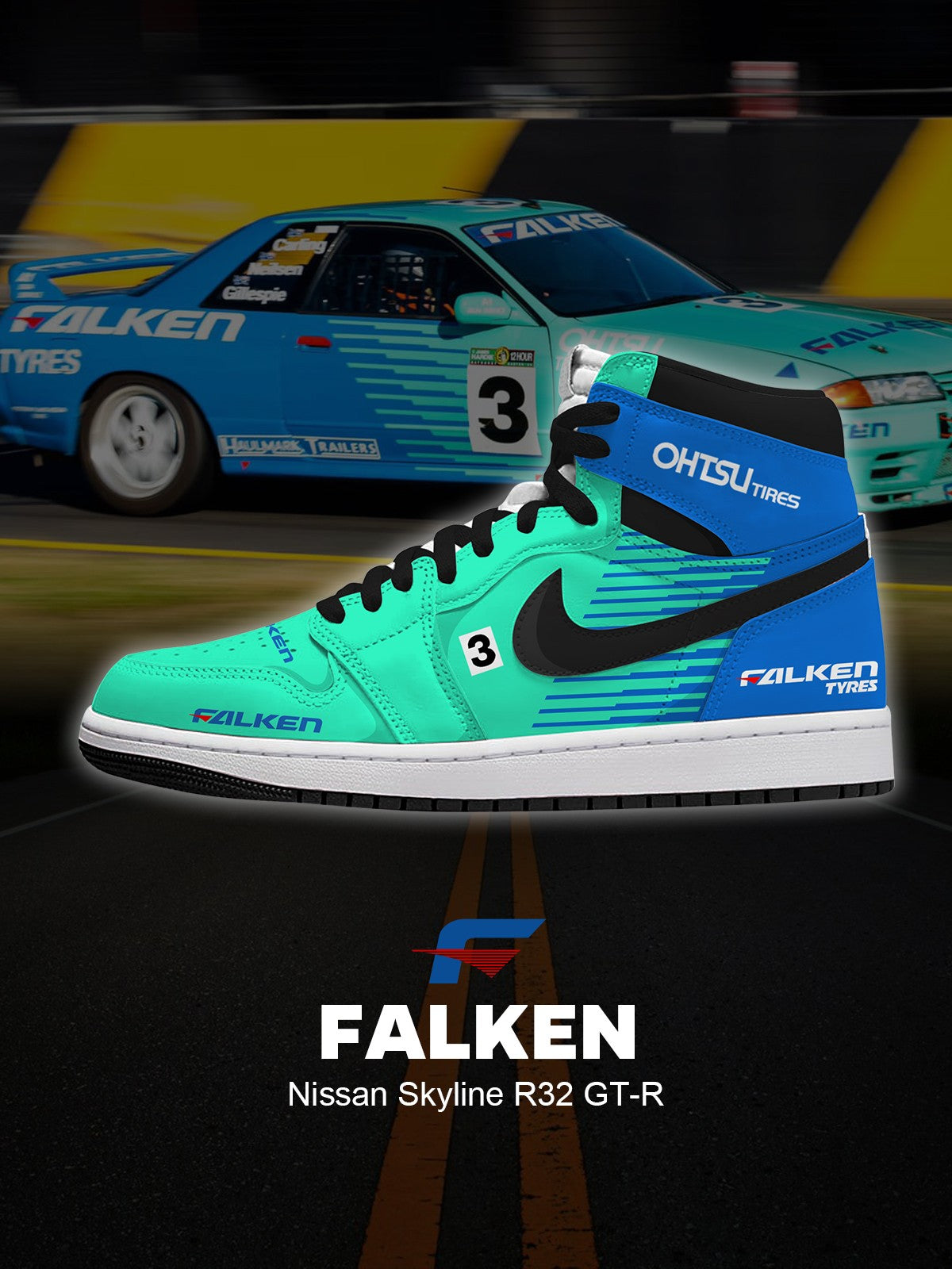 Sapatilhas de cano alto personalizadas FALKEN Skyline R32 GT-R V.1