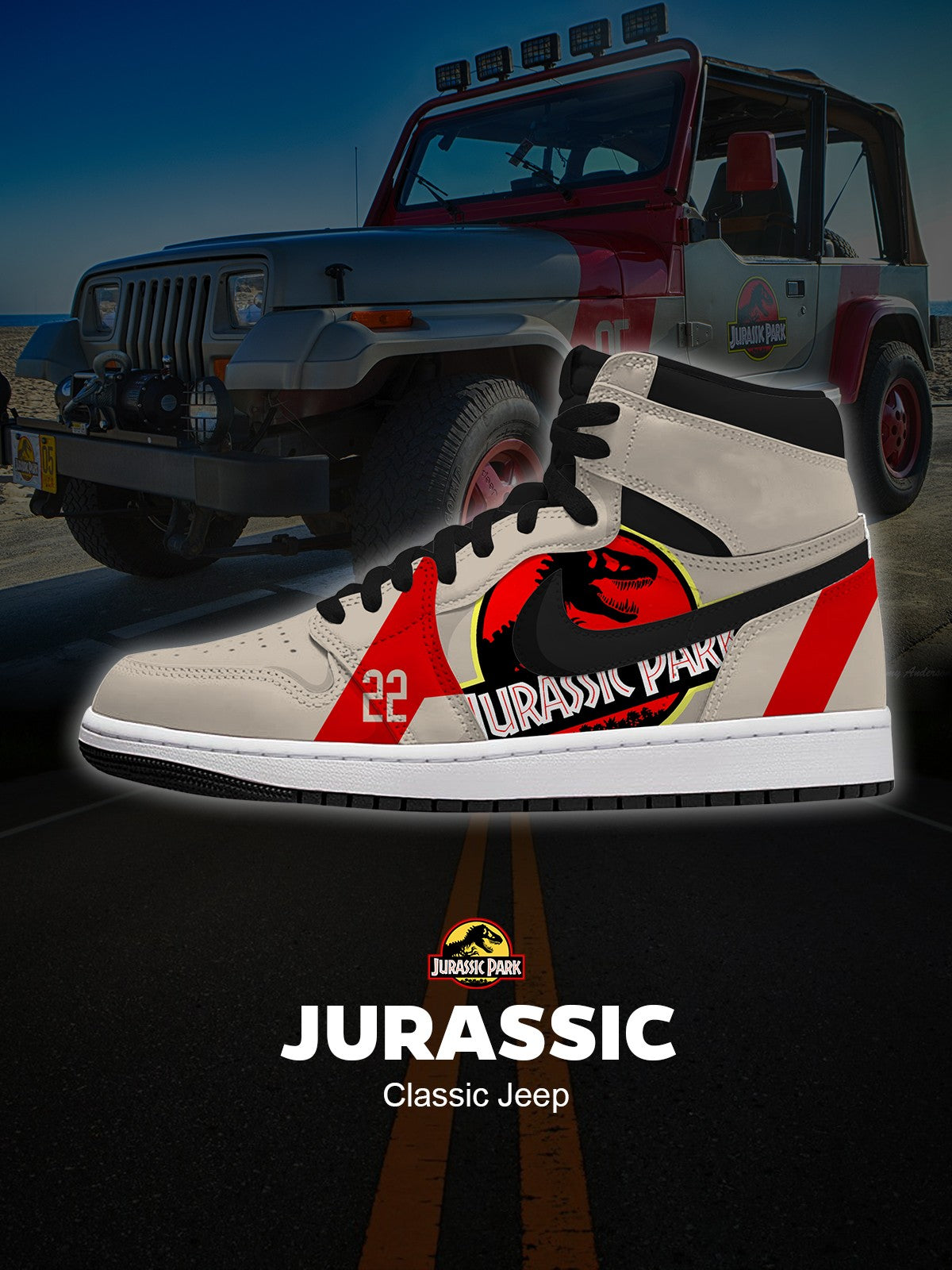 Baskets montantes personnalisées Jurassic Classic Jeep V. 1